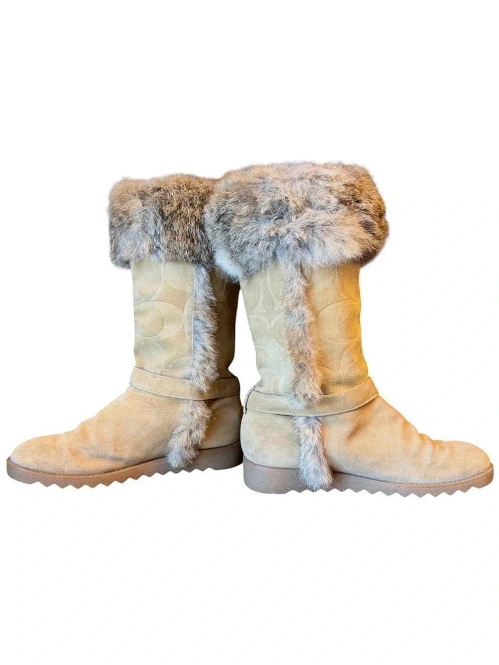 COACH Deeann Signature Embossed Beige Suede Rabbit Fur Trim Women’s Boots 7-1/2
